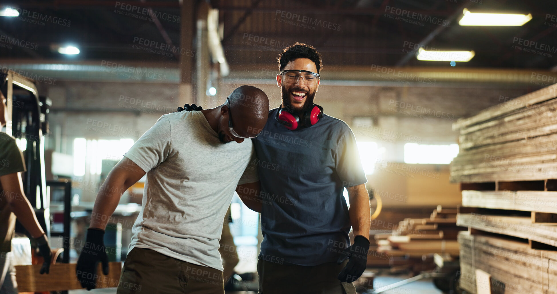 Buy stock photo Carpenter, team and men with smile, workshop and friends with glasses for safety, laughing and hug. Happy, artisan and people with eyewear in business, woodworking and contractor for furniture