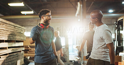 Buy stock photo Collaboration, industry and talking with carpenter men in workshop for manufacturing or production. Carpentry, planning and teamwork with happy woodworking people in factory together for conversation