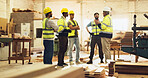 Discussion, foreman and construction team on site for planning with building, maintenance or repair. Meeting, engineering and industry workers with contractor for property development with renovation