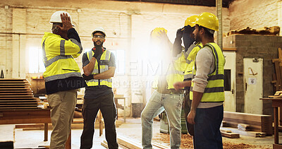 Buy stock photo Stress, foreman and construction team on site for planning with building, maintenance or repair. Discussion, engineering and industry workers with contractor for property development with renovation