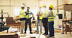 Meeting, foreman and construction team on site for planning with building, maintenance or repair. Discussion, engineering and industry workers with contractor for property development with renovation