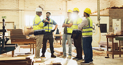 Buy stock photo Meeting, foreman and construction team on site for planning with building, maintenance or repair. Discussion, engineering and industry workers with contractor for property development with renovation