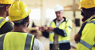 Buy stock photo Conversation, foreman and construction team on site for planning with building, maintenance or repair. Discussion, engineering and workers with contractor for property development with renovation.