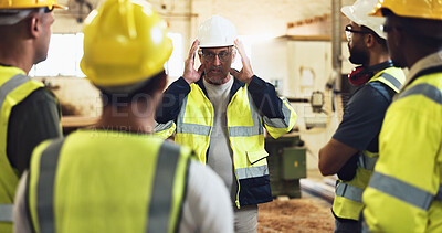 Buy stock photo People, meeting and manager on site of construction planning with building, maintenance or repair. Person, explain and engineering industry with foreman of property development, renovation or process