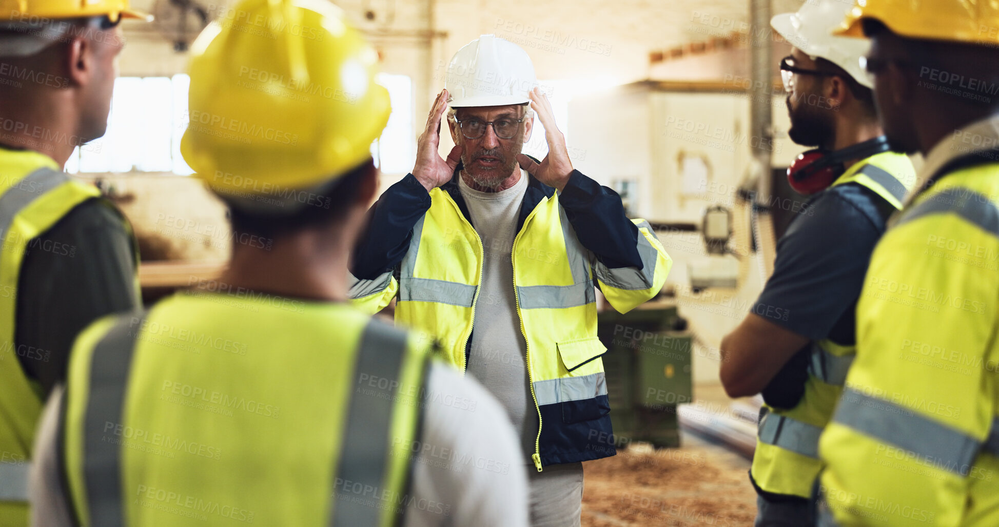 Buy stock photo People, meeting and manager on site of construction planning with building, maintenance or repair. Person, explain and engineering industry with foreman of property development, renovation or process