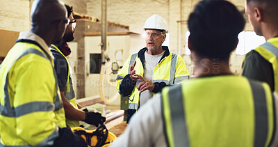 Buy stock photo Meeting, manager and construction team on site for planning with building, maintenance or repair. Discussion, engineering and industry workers with contractor for property development with renovation