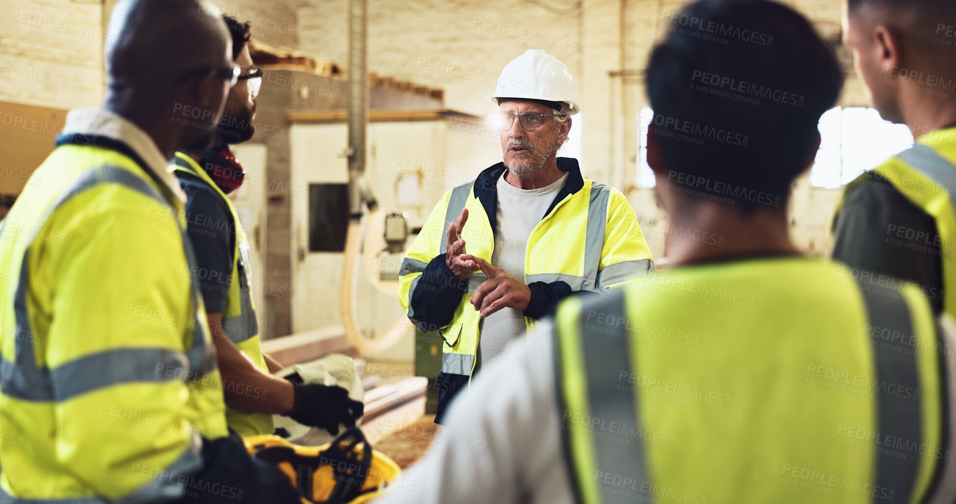 Buy stock photo Meeting, manager and construction team on site for planning with building, maintenance or repair. Discussion, engineering and industry workers with contractor for property development with renovation