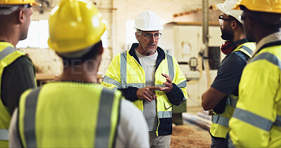 Buy stock photo Meeting, contractor and construction team on site for planning with building, maintenance or repair. Discussion, engineering and industry workers with foreman for property development with renovation