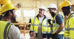 Meeting, foreman and construction group on site for planning with building, maintenance or repair. Discussion, engineers and industry workers with contractor for property development with renovation.