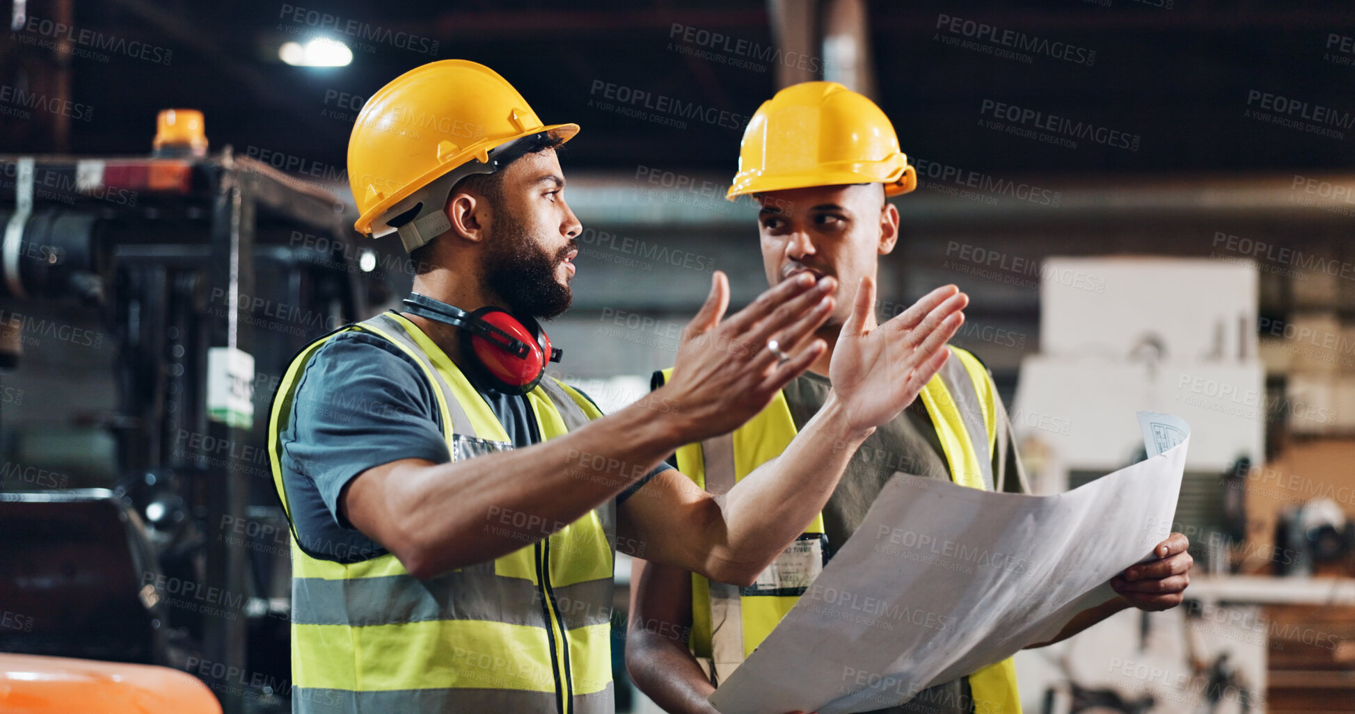 Buy stock photo Men, carpenter and blueprint at warehouse, discussion and review material order for construction project. People, team and paperwork for floor plan, talk and supplier for wood at industrial factory
