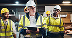 Tablet, people or manager in carpentry workshop for furniture manufacturing, renovation or labor. Mentor, apprentice or carpenter with technology for production, remodeling maintenance and research