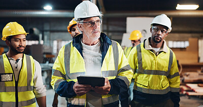 Buy stock photo Tablet, people or manager in carpentry workshop for furniture manufacturing, renovation or labor. Mentor, apprentice or carpenter with technology for production, remodeling maintenance and research