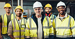 Men, group and construction worker with smile, leadership and safety with helmet, portrait or team. Business, employee and happy for collaboration in building, confident or people with project in USA