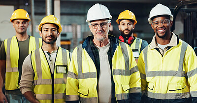 Buy stock photo Men, group and construction worker with smile, leadership and safety with helmet, portrait or team. Business, employee and happy for collaboration in building, confident or people with project in USA