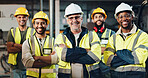 Men, group and construction worker with arms crossed, smile and safety with helmet, portrait and team. Business, employees and happy for collaboration in building, proud or people with project in USA