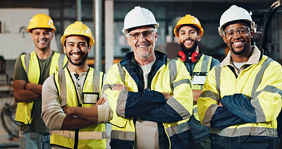 Buy stock photo Men, group and construction worker with arms crossed, smile and safety with helmet, portrait and team. Business, employees and happy for collaboration in building, proud or people with project in USA