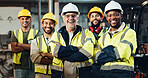 Portrait, group and construction worker with arms crossed, smile and men with helmet, safety and team. Business, employees and happy for collaboration in building, proud or people with project in USA