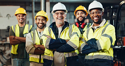 Buy stock photo Portrait, group and construction worker with arms crossed, smile and men with helmet, safety and team. Business, employees and happy for collaboration in building, proud or people with project in USA
