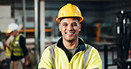 Engineer, man and smile with helmet at warehouse for manufacturing, production or pride for career at workshop. Person, portrait or technician with ppe, happy or excited for job at industrial factory