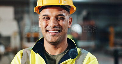 Buy stock photo Engineer, smile and portrait with helmet at factory for manufacturing, industry and pride for career at workshop. Person, artisan or technician with ppe, happy and excited for job at production plant