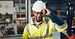 Engineer, black man and portrait with helmet at factory for manufacturing, production and career at workshop. Person, artisan or technician with ppe, happy and excited at industrial plant in Kenya