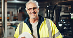 Engineer, mature man and portrait with smile at factory for manufacturing, production and career at workshop. Person, artisan or technician with pride, happy and glasses at industrial plant in Spain