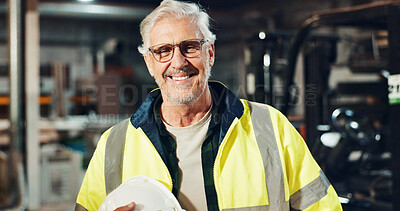Buy stock photo Engineer, mature man and portrait with smile at factory for manufacturing, production and career at workshop. Person, artisan or technician with pride, happy and glasses at industrial plant in Spain