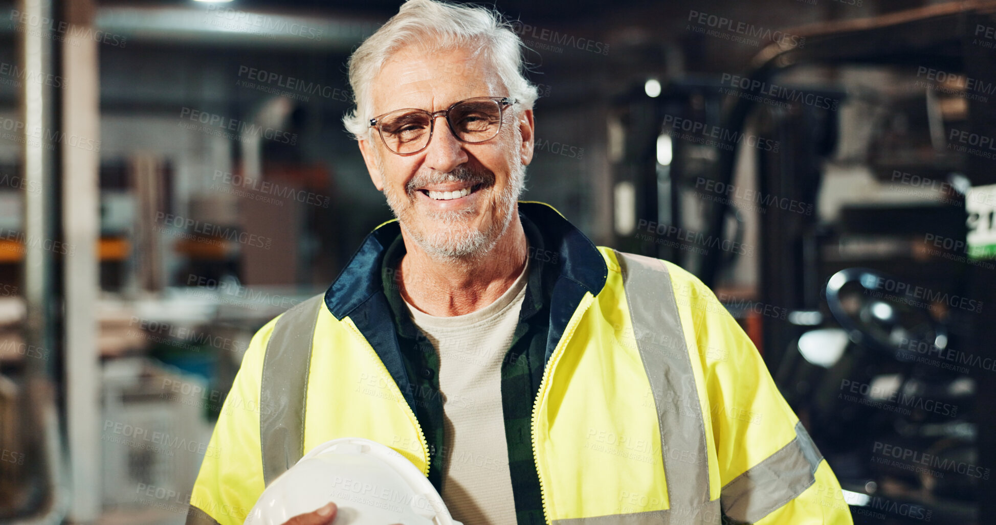 Buy stock photo Engineer, mature man and portrait with smile at factory for manufacturing, production and career at workshop. Person, artisan or technician with pride, happy and glasses at industrial plant in Spain