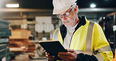 Buy stock photo Tablet, mature or man in building warehouse for furniture manufacturing, renovation and woodwork. Manager, supervisor or carpenter with technology for production, remodeling maintenance and research