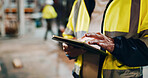 Tablet, hands or man in building warehouse for furniture manufacturing, renovation or construction. Manager, supervisor or carpenter with technology for production, remodeling maintenance or research