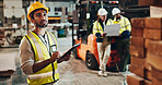 Tablet, building or man in woodwork workshop for furniture manufacturing, renovation or quality control. Check, builder or carpenter with inspection for production, stock maintenance and research