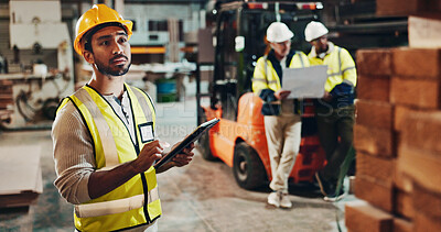 Buy stock photo Tablet, building or man in woodwork workshop for furniture manufacturing, renovation or quality control. Check, builder or carpenter with inspection with timber, stock maintenance and research