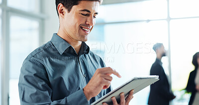 Buy stock photo Office, reading and business man on tablet for online planning, project research and strategy. Professional, corporate and person on digital tech for website, schedule and networking for connection