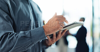 Buy stock photo Office, tablet and hands of business man in boardroom for online notes, research and planning. Professional, corporate and worker on digital tech for website, networking and strategy in discussion