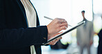 Pen, tablet and hands of business person in office for online notes, research and planning. Professional, corporate and worker with stylus on digital tech for proposal, networking and strategy