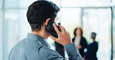 Buy stock photo Phone call, office and back of business man for communication, contact and online discussion. Professional, corporate worker and person talking on smartphone for networking, planning and conversation