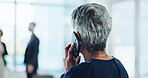 Phone call, office and back of business woman in office for communication, contact and online discussion. Professional, corporate and person on smartphone for networking, planning and conversation