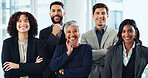 Office, meeting or portrait of business people with smile for teamwork, corporate training or investment feedback. Proud, collaboration or group of financial advisor for about us or risk management