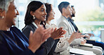 Happy, business people or meeting with applause at workshop for presentation, thank you or well done. Group, employees or team clapping with smile for good job, speech or congratulations at workplace