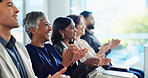 Excited, business people or meeting with applause at workshop for presentation, thank you or well done. Happy, group or team clapping with smile for good job, speech or congratulations at workplace