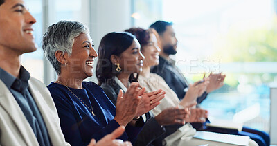 Buy stock photo Excited, business people or meeting with applause at workshop for presentation, thank you or well done. Happy, group or team clapping with smile for good job, speech or congratulations at workplace