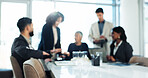 Blur, teamwork and meeting with business people in office for growth strategy, proposal pitch or planning. Sales projection, consultant and budget workshop with employees for brainstorming and profit