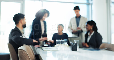 Buy stock photo Blur, teamwork and meeting with business people in office for growth strategy, proposal pitch or planning. Sales projection, consultant and budget workshop with employees for brainstorming and profit
