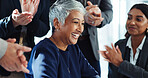 Happy woman, group and applause with promotion for congratulations, well done or good job at office. Female person, celebration and smile with team or colleagues clapping for success at workplace