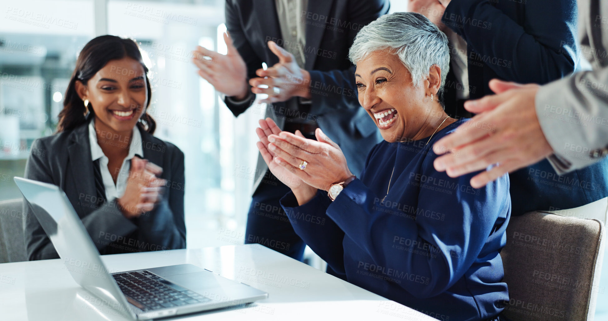 Buy stock photo Laptop, business woman and group applause for achievement, milestone or celebrate financial profit. Team manager, computer and clapping for success, excited or well done for investment goal in office