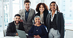 Laptop, meeting or portrait of business people with smile for teamwork, corporate training or investment feedback. Proud, collaboration or group of financial advisor for about us or risk management