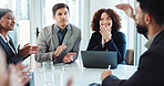Happy, business people and meeting with laptop or applause for presentation or speech at office. Group, employees or clapping with smile for explanation, thank you or well done together at workplace