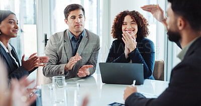 Buy stock photo Happy, business people and meeting with laptop or applause for presentation or speech at office. Group, employees or clapping with smile for explanation, thank you or well done together at workplace