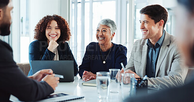 Buy stock photo Laptop, business people and happy group planning, discussion and brainstorming sales project. Manager, computer and team listening for collaboration, ideas and budget solution in office meeting
