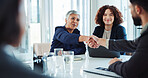 Happy, business people and meeting with handshake for agreement, deal or partnership at office. Businessman, woman or colleagues shaking hands with team for introduction or greeting at workplace